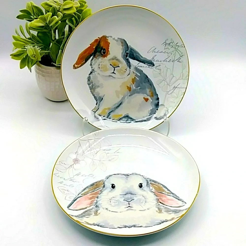 Pier 1 Pair Of “Elegant Gray Bunnies” Plates. 8